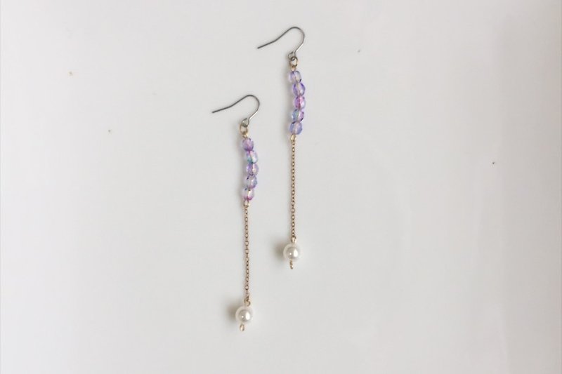 purple rain 珍珠黃銅長造型耳環 - 耳環/耳夾 - 玻璃 紫色