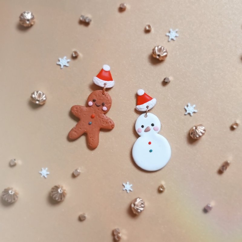 bi winter//Christmas snowman gingerbread man handmade terracotta earrings - ต่างหู - ดินเหนียว หลากหลายสี