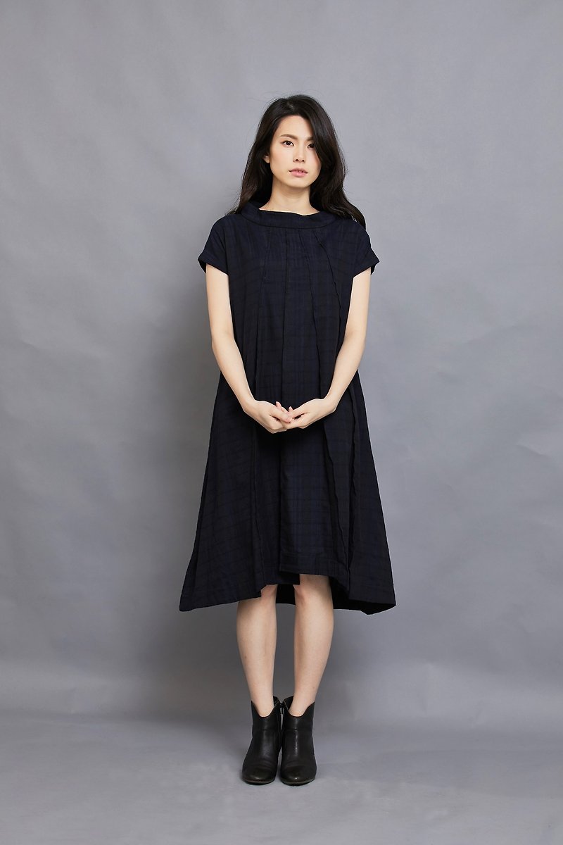 Paper Umbrella Dress_Peony Blue Jacquard_Fair Trade - One Piece Dresses - Cotton & Hemp Black