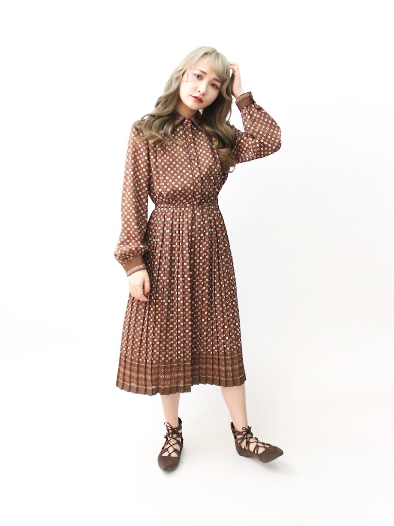 【RE0614D1288】 early summer Japanese retro cocoa cute flower long-sleeved ancient dress - One Piece Dresses - Polyester Brown