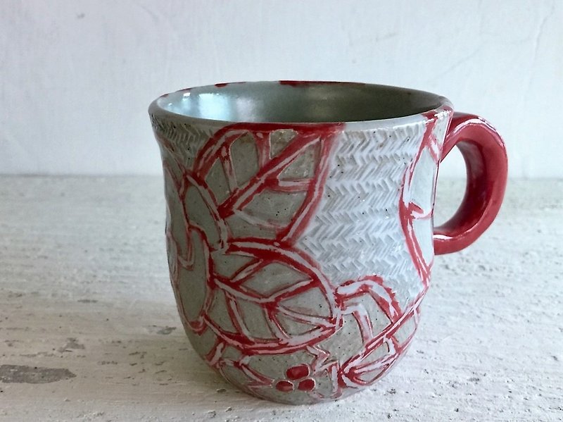Red Camellia Line Coffee Cup_Crockery Mug - แก้วมัค/แก้วกาแฟ - ดินเผา สีแดง
