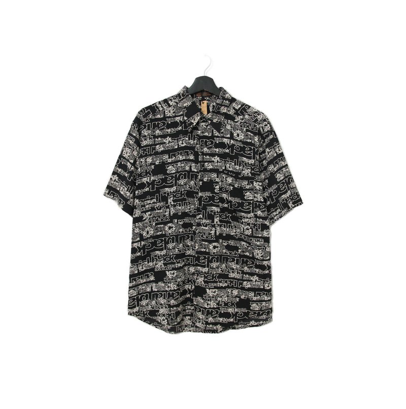 Back to Green- 短袖花襯衫 顛倒black滿版ss-14 vintage shirt - 男襯衫/休閒襯衫 - 絲．絹 