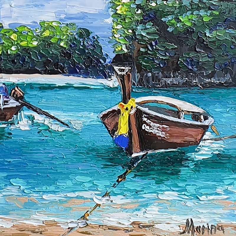 Longtail Boat Painting Seascape Thailand Original Art Sea Boats Malaysia Artwork - Posters - Other Materials Green