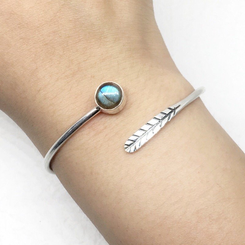 拉長石925純銀細羽毛設計手環手鐲 - 手鍊/手鐲 - 寶石 藍色