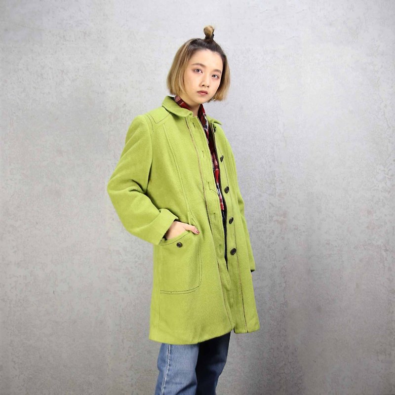 Tsubasa.Y Ancient House A06 vintage wool apple green coat, wool wool long coat - เสื้อแจ็คเก็ต - ขนแกะ สีเขียว