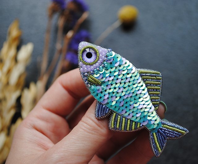 Embroidered sequins fish brooch beaded pin handmade gift for her