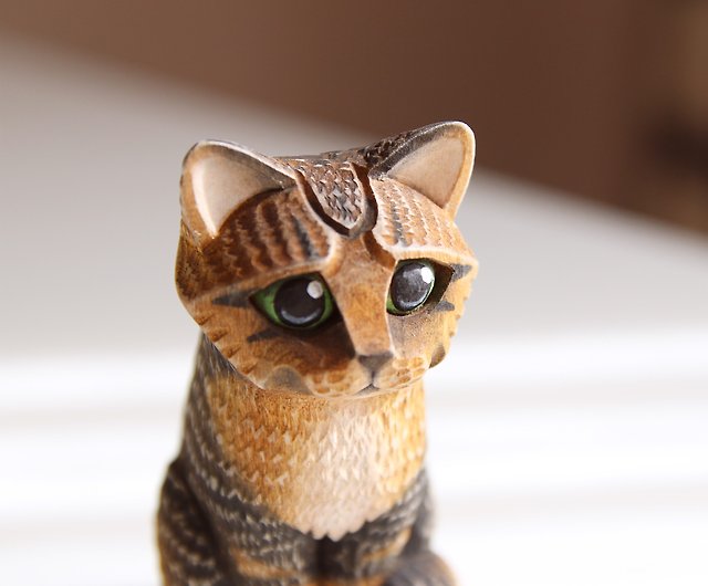 かわいい木の猫の置物木彫り猫好きギフト子猫ウッドアート