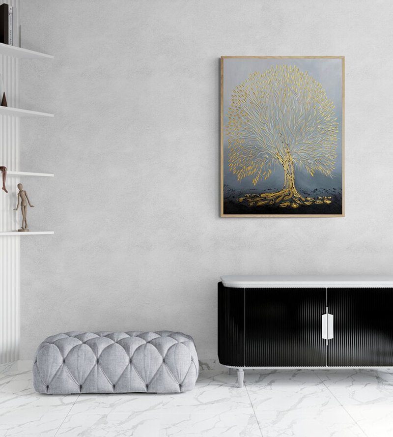 Oversized Abstract Tree Paintings On Canvas Minimalist Art Modern Art - ตกแต่งผนัง - ผ้าฝ้าย/ผ้าลินิน สีทอง