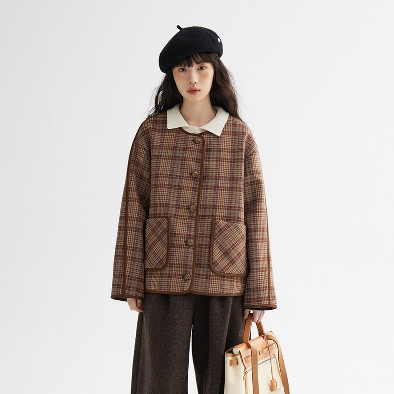 Colorful plaid round neck pea coat | Jacket | Winter style | Sora-1721 - Women's Casual & Functional Jackets - Wool 