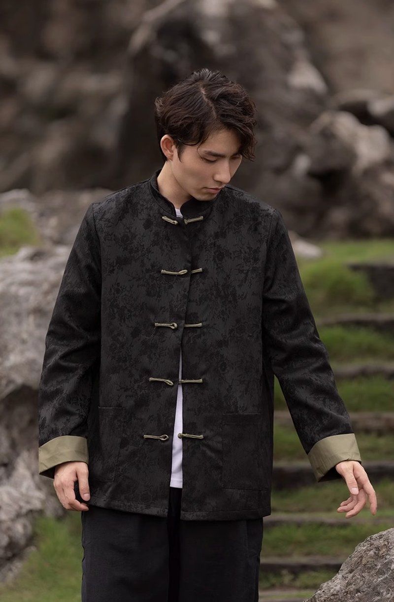 Oriental aesthetic Chinese style contrasting color buttoned jacket - เสื้อโค้ทผู้ชาย - วัสดุอื่นๆ สีดำ