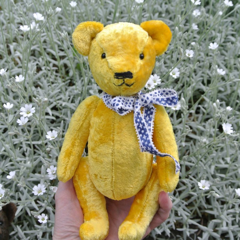 玩具熊 Yellow Teddy Bear, Antique plush bear, stuffed toy, handmade bear - ตุ๊กตา - ไฟเบอร์อื่นๆ สีเหลือง