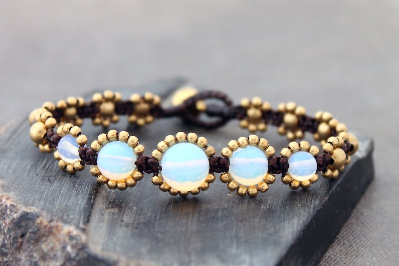 Opalite Woven Ethnic Bracelets Brass Beads Exotic - Bracelets - Semi-Precious Stones Transparent