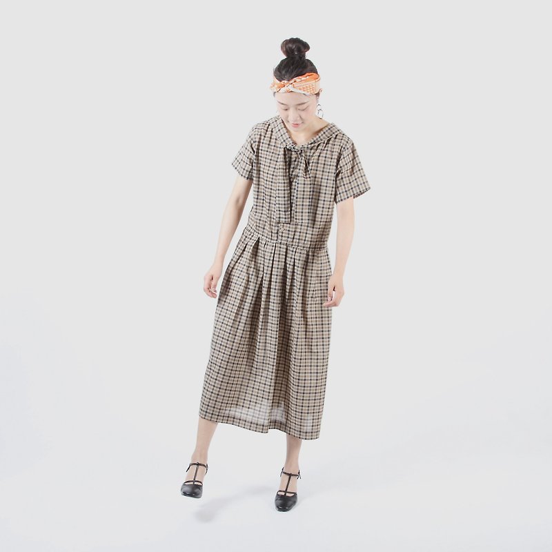 [Egg Plant Vintage] Bow Tie Plaid Print Short Sleeve Vintage Dress - One Piece Dresses - Polyester Brown
