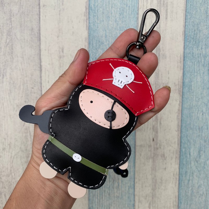 Healing small things black cute pirate hand-stitched leather keychain large size - Charms - Genuine Leather Black