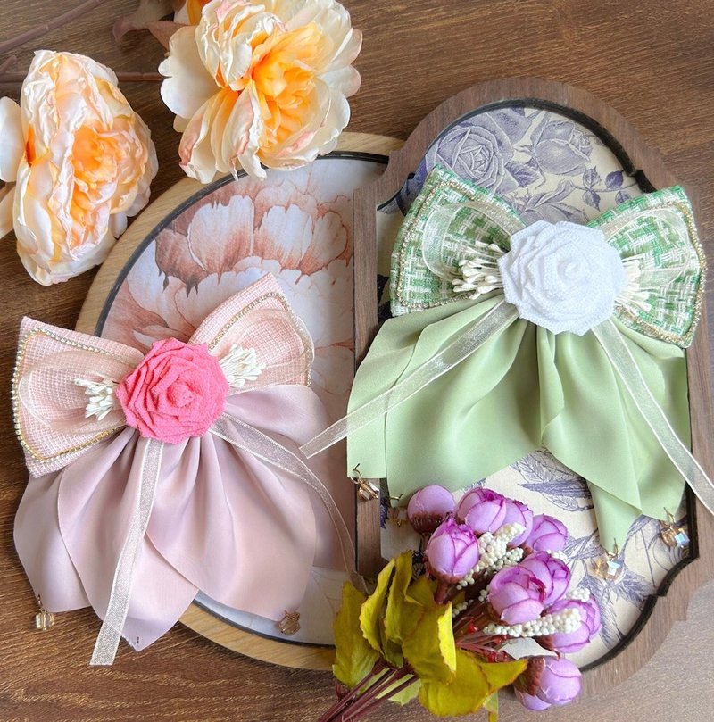 Fine fabric flower large bow rose hydrangea pollen/green - Hair Accessories - Other Man-Made Fibers Multicolor