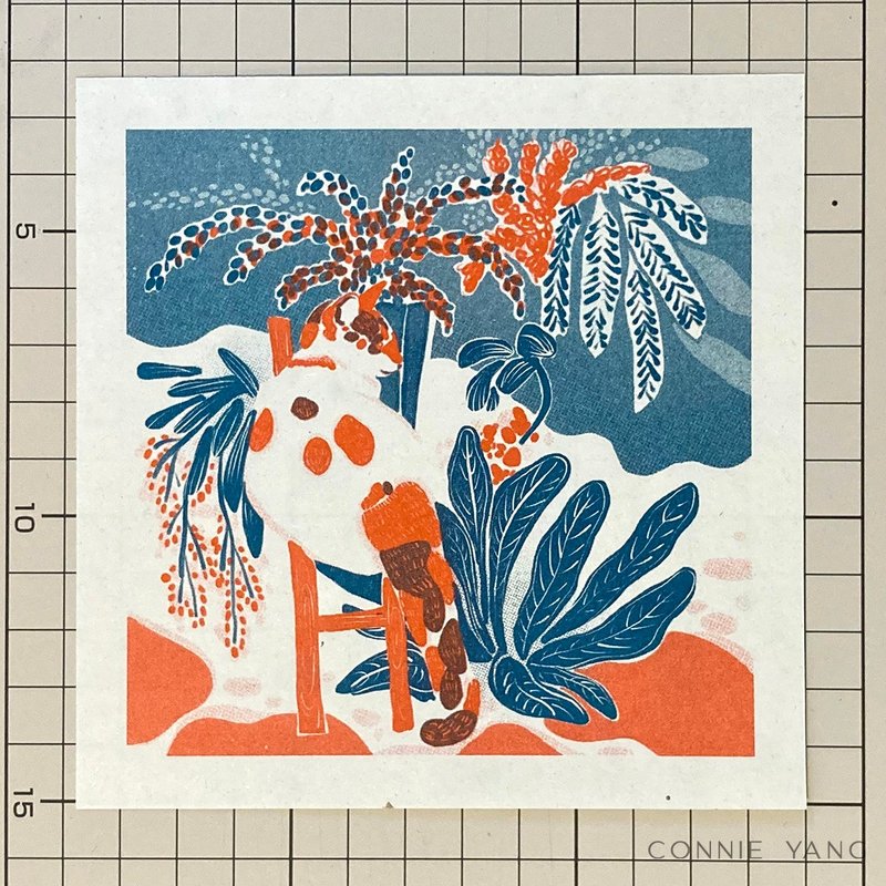 Cat in a Garden-RISO Printed-Square - Cards & Postcards - Paper Multicolor