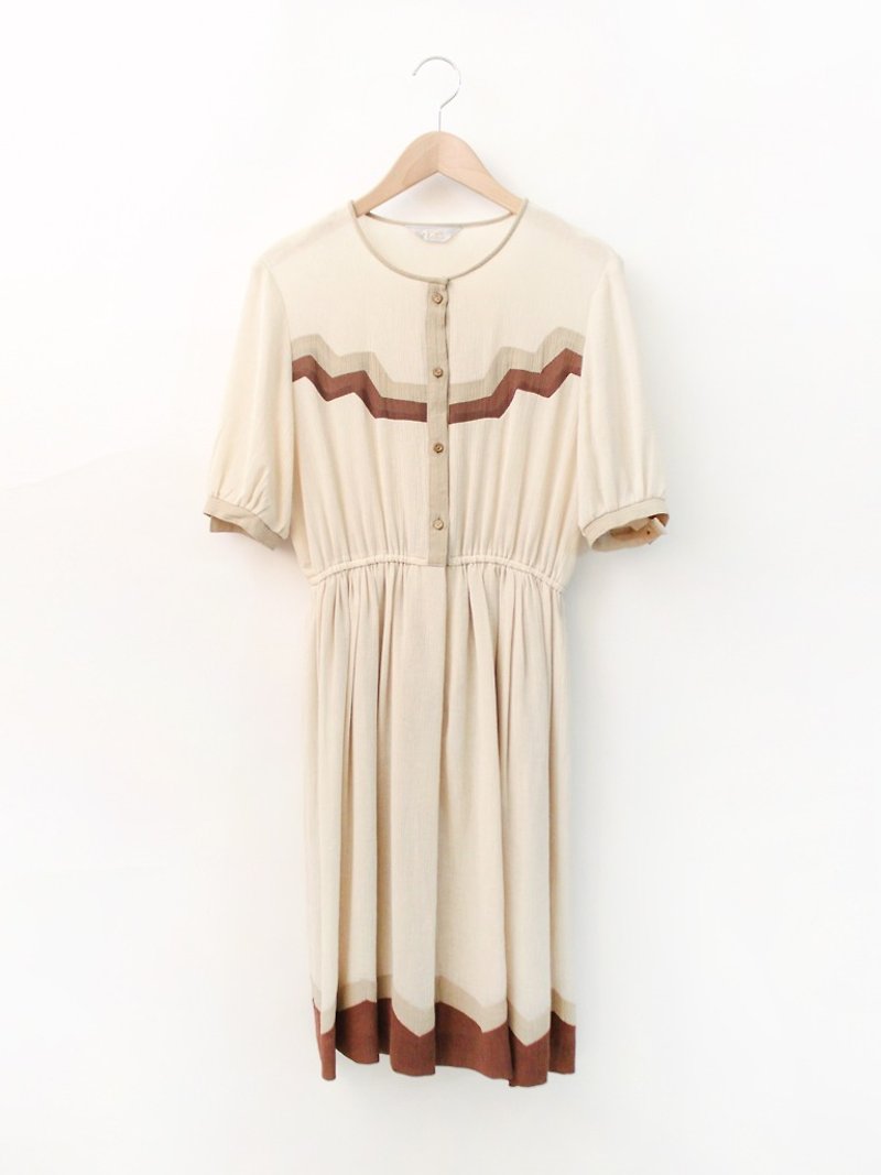 復古簡約幾何拼接米色短袖古著洋裝 Vintage Dress - 洋裝/連身裙 - 聚酯纖維 卡其色