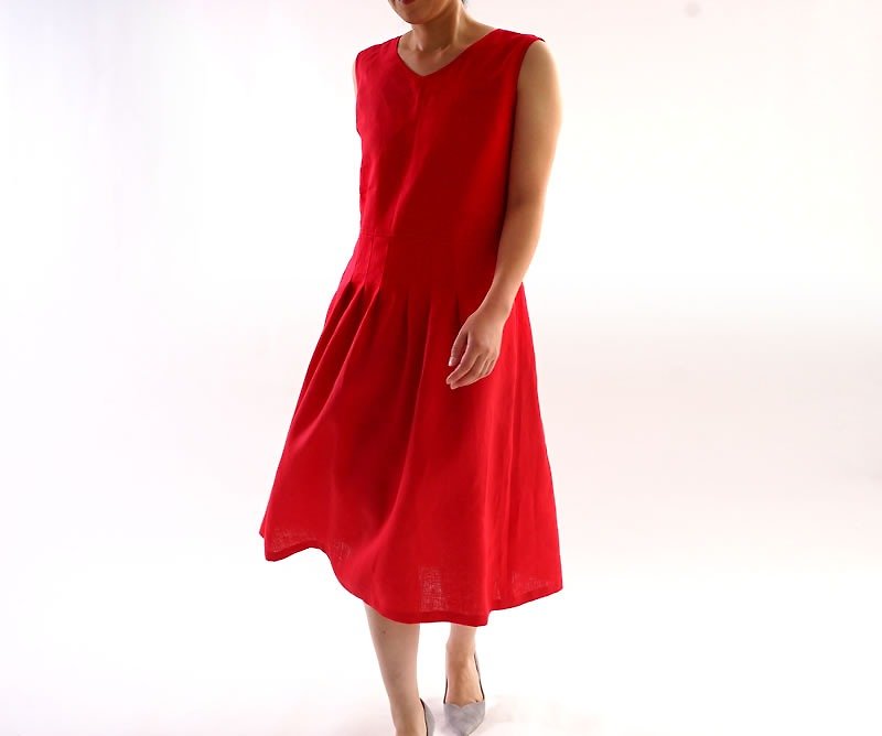 Linen V neck Sleeveless Dress / Rouge a62-6 - 洋裝/連身裙 - 棉．麻 紅色