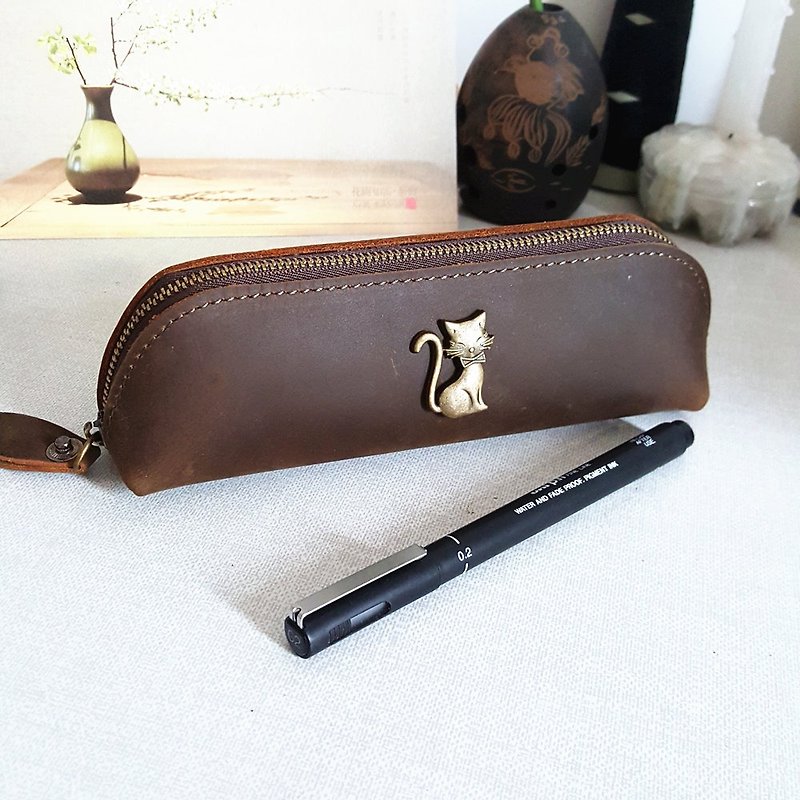 Limited time offer can be engraved kitty cowhide pencil case pencil case storage bag clutch bag birthday gift start school gift can put pen and pencil - กล่องดินสอ/ถุงดินสอ - หนังแท้ สีดำ