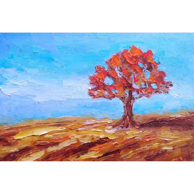 Oak Tree Original Painting, Fall Landscape Wall Art, Sky Minimalism, 手工油畫, 油畫原 - 海報/掛畫/掛布 - 其他材質 多色