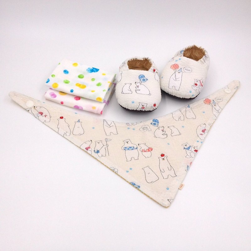 北極熊白底-彌月禮盒(學步鞋/寶寶鞋/嬰兒鞋+2手帕+領巾) - 滿月禮物 - 棉．麻 白色