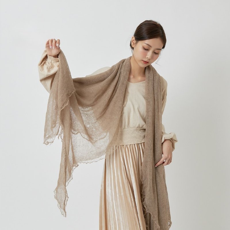 流沙棕 | 針織花擺 喀什米爾圍巾 - 圍巾/披肩 - 羊毛 咖啡色