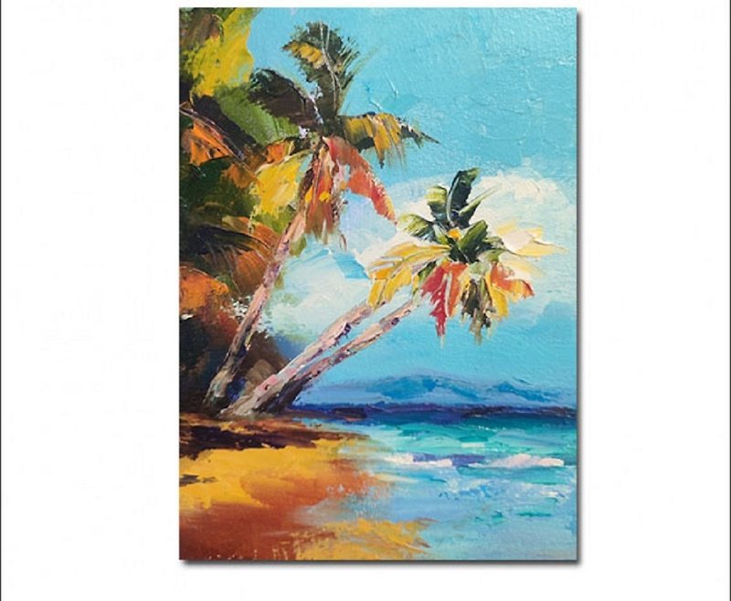 Palm Tree Oil Painting Sea Small Art Sea Artwork Hawaii Painting Palm Art - ตกแต่งผนัง - วัสดุอื่นๆ สีน้ำเงิน