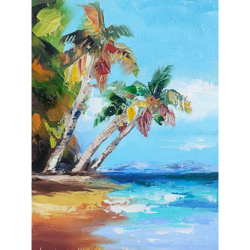 Palm Tree Oil Painting Sea Small Art Sea Artwork Hawaii Painting Palm Art - 壁貼/牆壁裝飾 - 其他材質 藍色