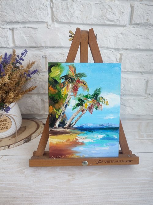 油絵 絵画【ヤシの木と海】 ヤシの木の油絵 海の小さなアート 海のアートワーク ハワイの