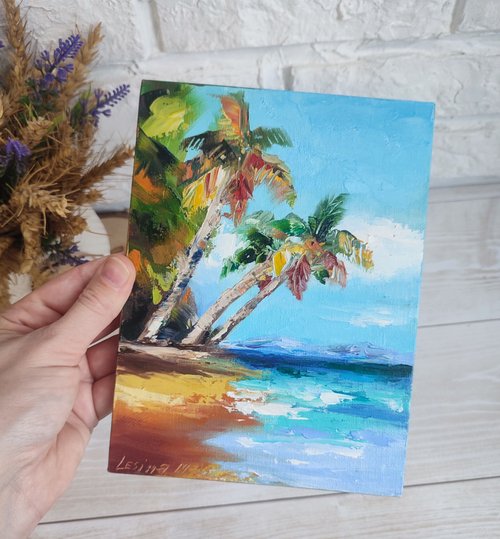 ヤシの木の油絵 海の小さなアート 海のアートワーク ハワイの