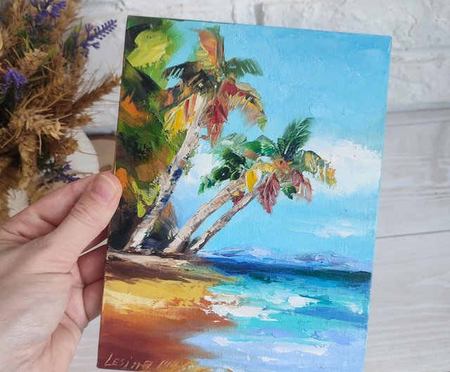 ヤシの木の油絵 海の小さなアート 海のアートワーク ハワイの ヤシの木の油絵 海の小さなアート 海のアートワーク ハワイの