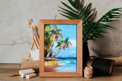 Amazon.co.jp: 絵画 ヤシの木と海インテリア 絵画 イラスト油絵