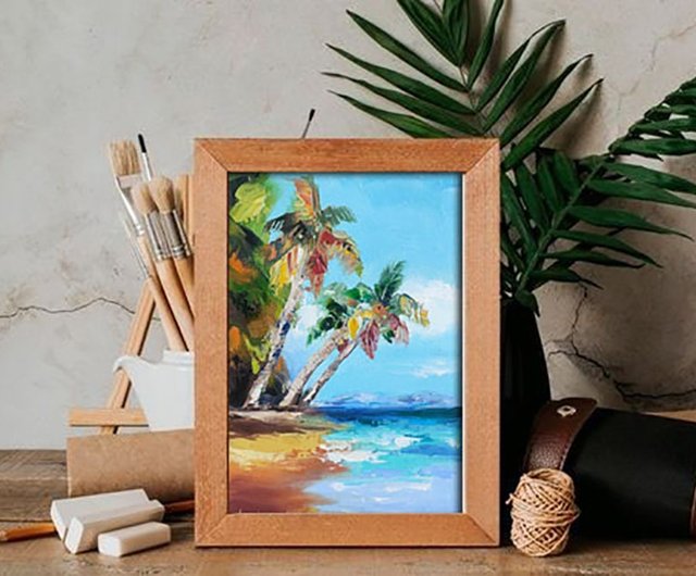 ヤシの木の油絵 海の小さなアート 海のアートワーク ハワイの