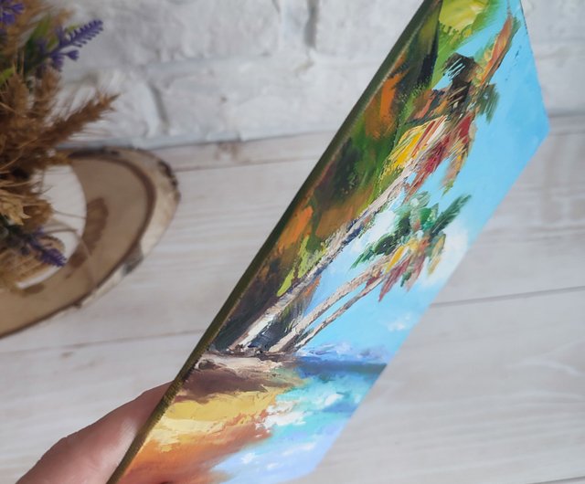 ヤシの木の油絵 海の小さなアート 海のアートワーク ハワイの