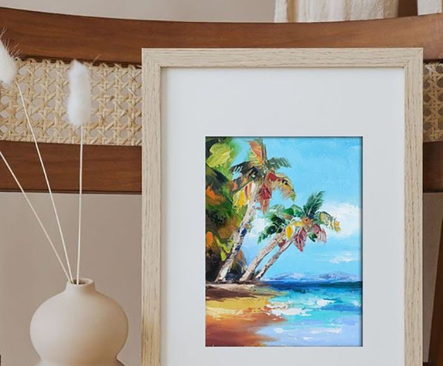 ヤシの木の油絵 海の小さなアート 海のアートワーク ハワイの