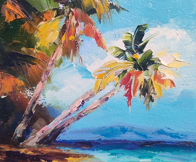 ヤシの木の油絵 海 小さなアート 海のアートワーク ハワイの絵画 ヤシ 