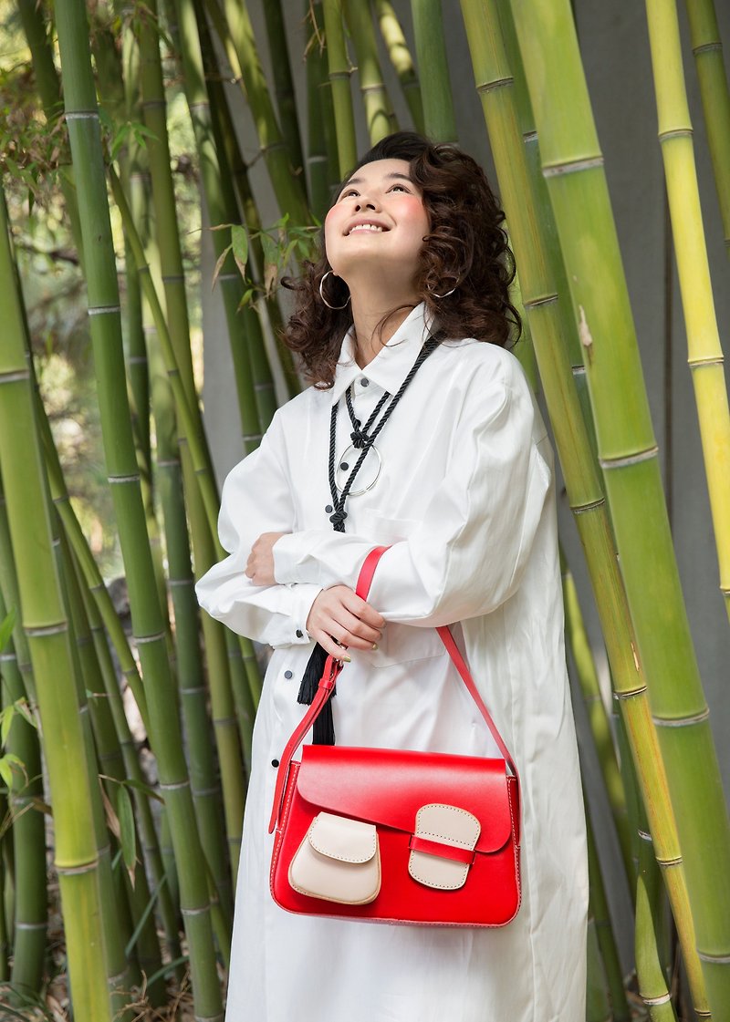 Niche design cowhide shoulder bag leather hit color handbag summer new style - กระเป๋าถือ - หนังแท้ สีแดง