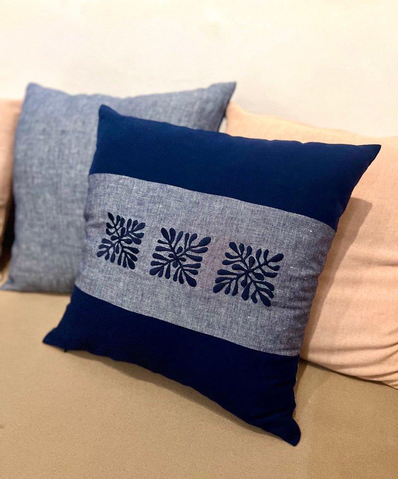 Hand Embroidered Linen Cushion Cover: Midnight Coral Bloom, Navy Chambray Blue - 枕頭/抱枕 - 棉．麻 藍色