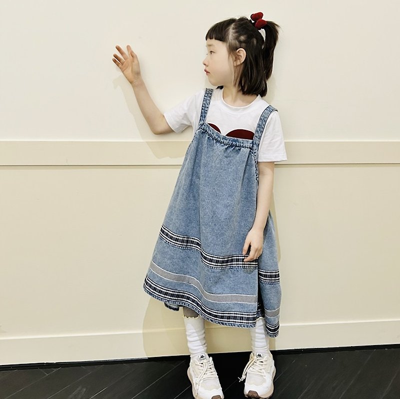 Spliced ​​washed striped suspender skirt/dress, dress, children's clothing - กระโปรง - ผ้าฝ้าย/ผ้าลินิน สีน้ำเงิน