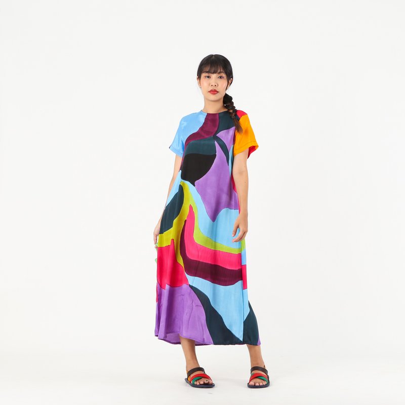 Long Dress Cotton Rayon Hand Paint - 洋裝/連身裙 - 棉．麻 粉紅色