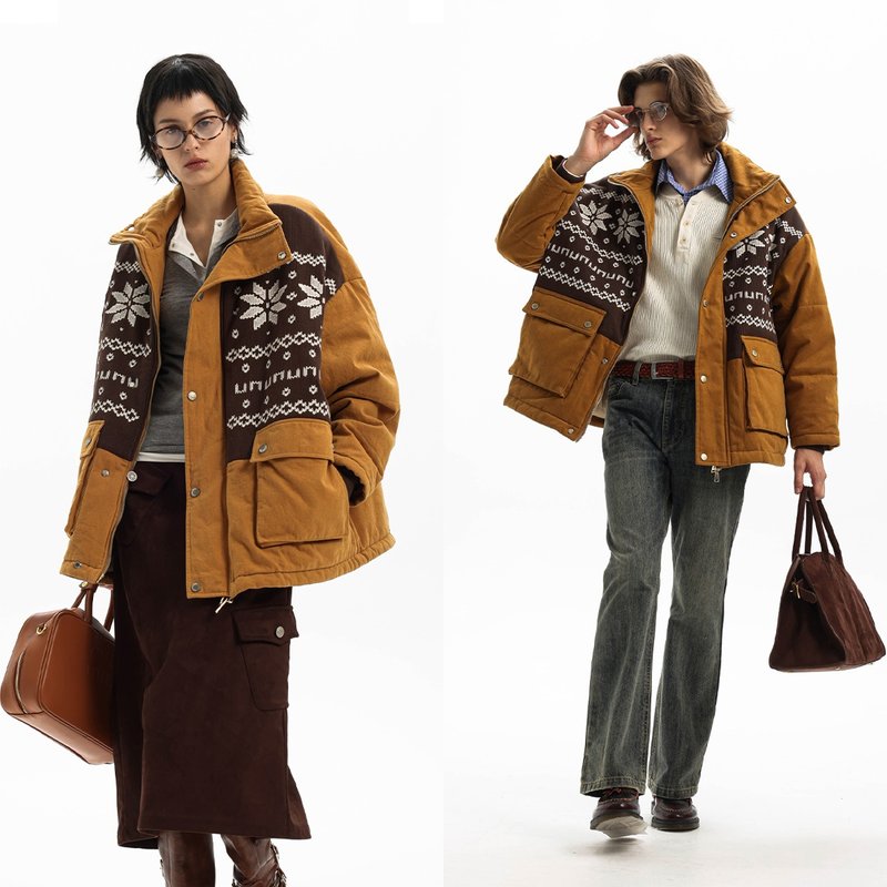 【Knitted Embroidery Craftsmanship】Unvesno (UN) Vintage Fair Isle Embroidered Retro Warm Cotton-Padded Jacket - เสื้อโค้ทผู้ชาย - วัสดุอื่นๆ 