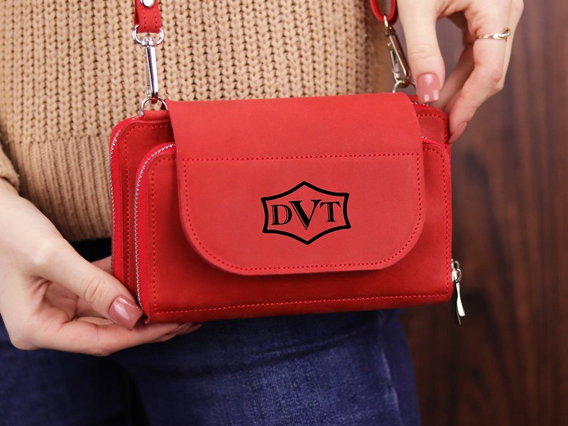 Red Leather Phone Bag/ Crossbody Wallet Purse for Women/ Shoulder Messenger Bag - 手拿包 - 真皮 紅色