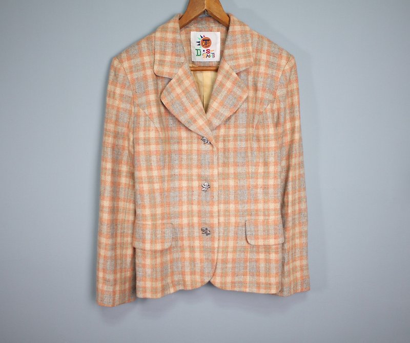 FOAK vintage spring tender orange check wool blazer - เสื้อแจ็คเก็ต - ขนแกะ 