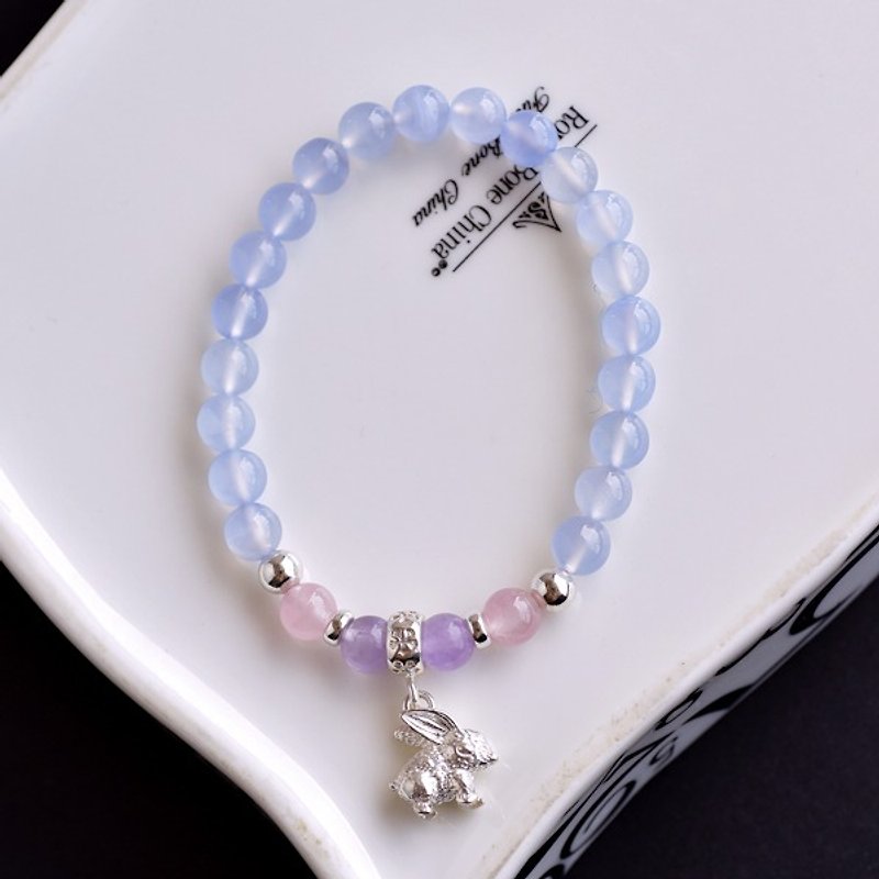 Blue chalcedony*pink crystal*purple jade * pure silver pendant small rabbit bracelet - สร้อยข้อมือ - เครื่องเพชรพลอย สีน้ำเงิน