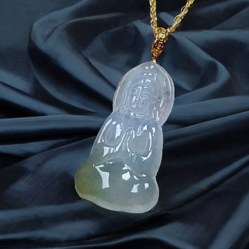 [Mother's Day Special] Ice Floating Flower Jade Guanyin Bodhisattva Necklace 18K Gold Pendant | Natural Burmese Jade - สร้อยคอ - หยก สีใส