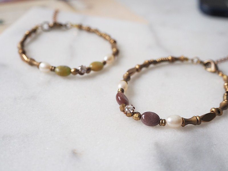 紫東陵 菜綠石 鋯石 天然珍珠 輕珠寶 黃銅手鍊  B33 - 手鍊/手鐲 - 銅/黃銅 金色