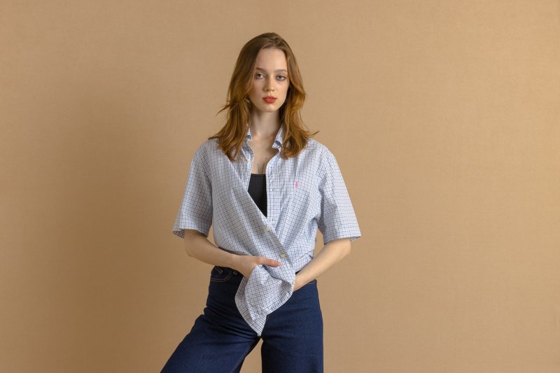 Vintage Ralph Lauren Unisex Blue Medium Man Shirt 7448 - 男襯衫/休閒襯衫 - 棉．麻 藍色