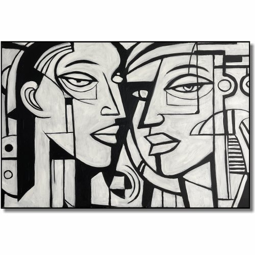 モダンで大きな抽象的キュービズムの白黒顔アート大胆な肖像画幾何学