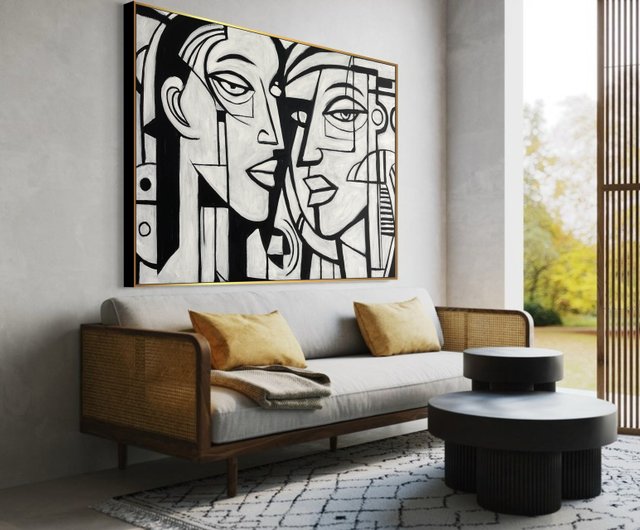 モダンで大きな抽象的キュービズムの白黒顔アート大胆な肖像画幾何学