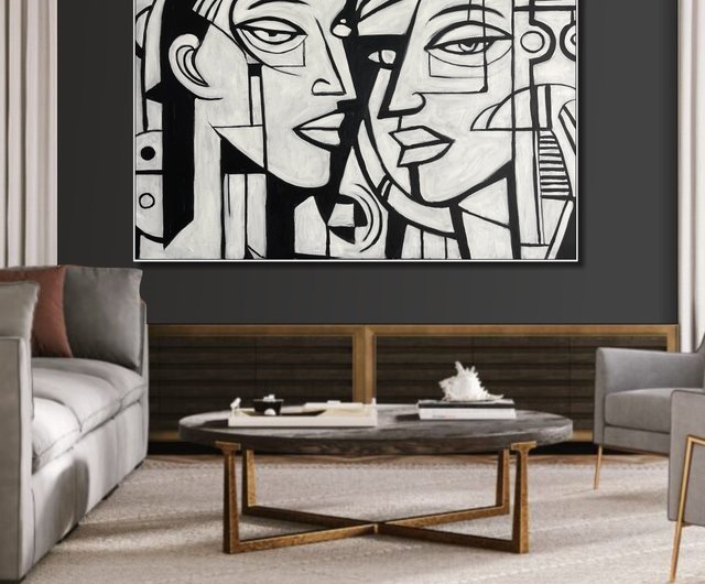 モダンで大きな抽象的キュービズムの白黒顔アート大胆な肖像画幾何学 モダンで大きな抽象的キュービズムの白黒顔アート大胆な肖像画幾何学